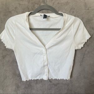 White Lettuce Edge Button Crop Top